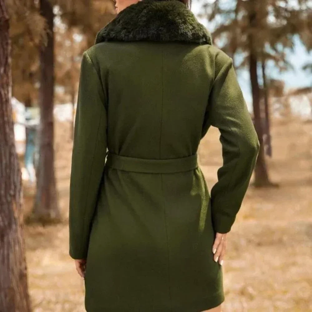 Faux fur collar Belted Overcoat Jacket Coat - Picture 5 of 6